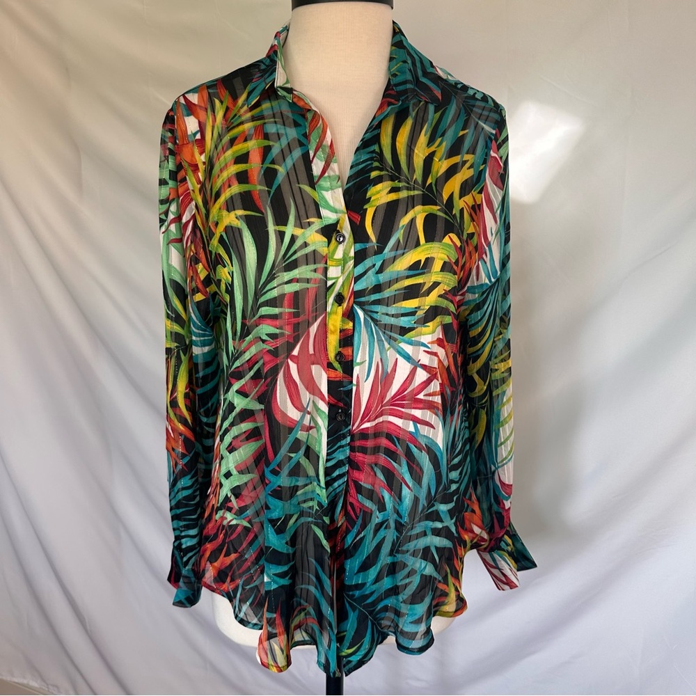 Tropical Sheer Button-Up Blouse